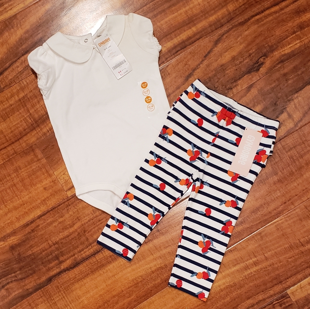 Gymboree NWT 12-18 months collared bodysuit and striped cherry leggings